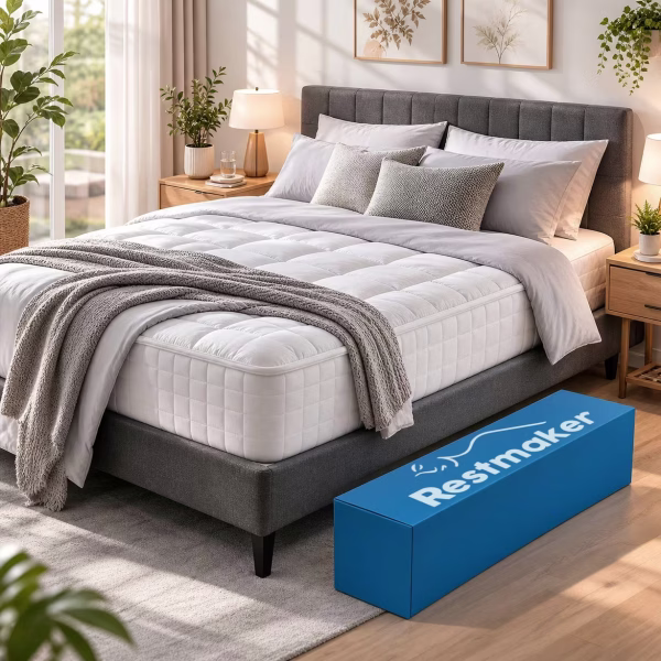 Restmaker double mattress on Urban Bed Frame in modern Australian bedroom with bamboo sheets