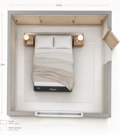 Double bed vs queen size bed side by side in a small Australian bedroom with tape measure showing 138cm vs 153cm width difference