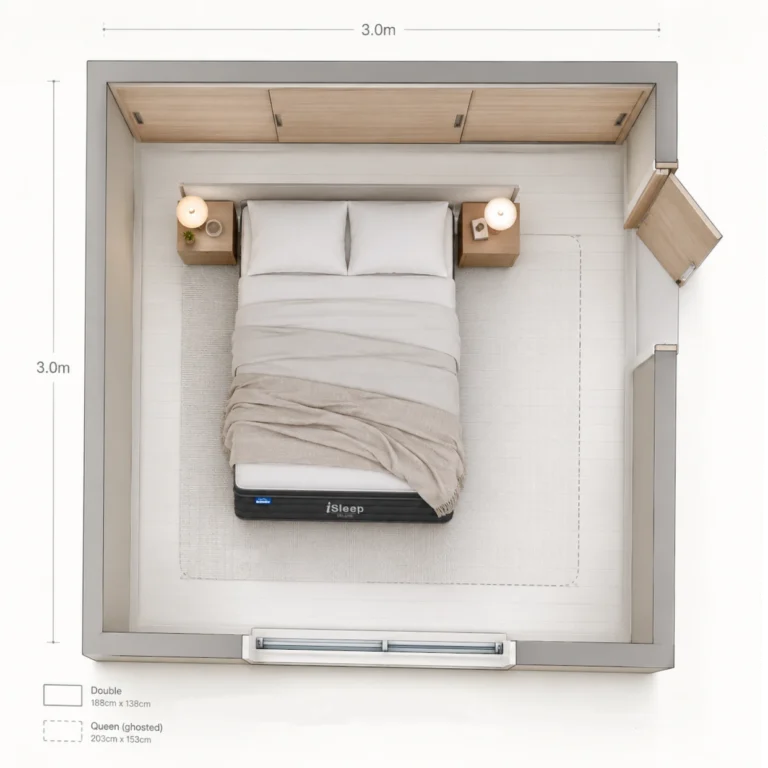 Double bed vs queen size bed side by side in a small Australian bedroom with tape measure showing 138cm vs 153cm width difference